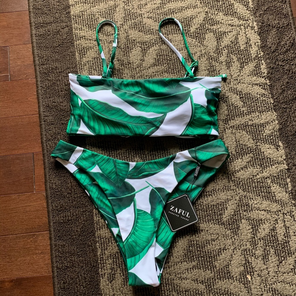 Zaful palm leaf lace up bandeau bikini set size M